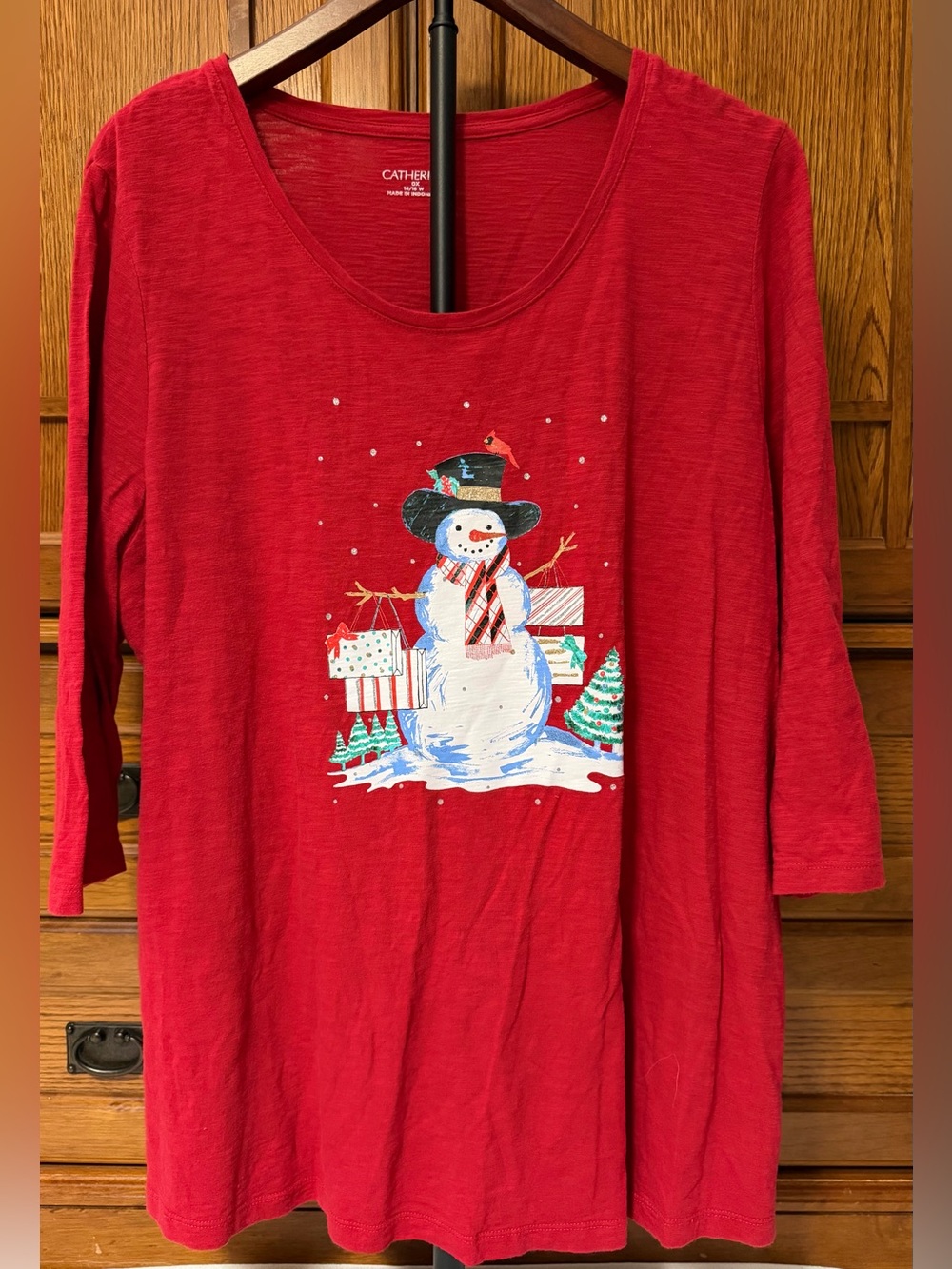 Catherines Christmas Winter Holiday Snowman Knit Graphic Tee 3/4 Sleeve Festive